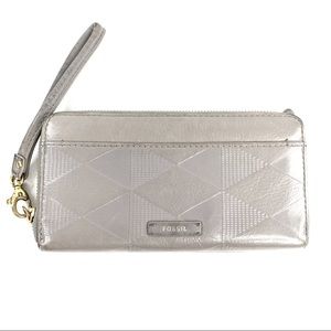 Fossil Gray Leather Argyle Embossed Large Zip Around Wallet Clutch Purse